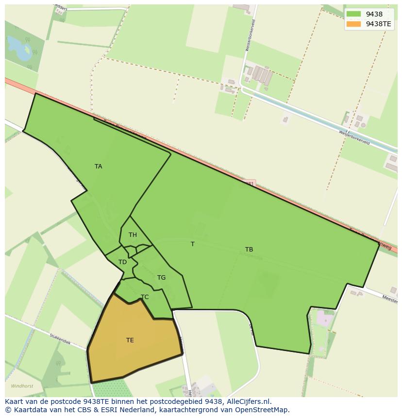 Afbeelding van het postcodegebied 9438 TE op de kaart.