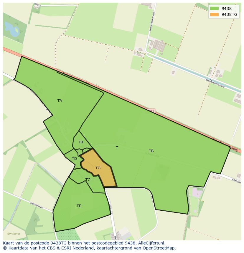 Afbeelding van het postcodegebied 9438 TG op de kaart.