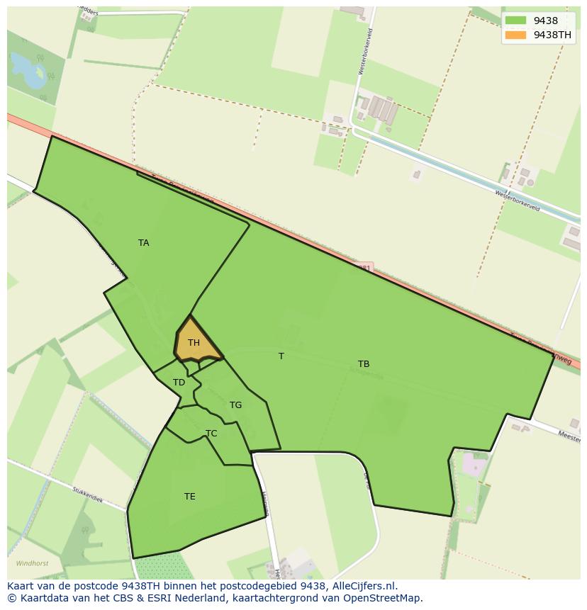Afbeelding van het postcodegebied 9438 TH op de kaart.