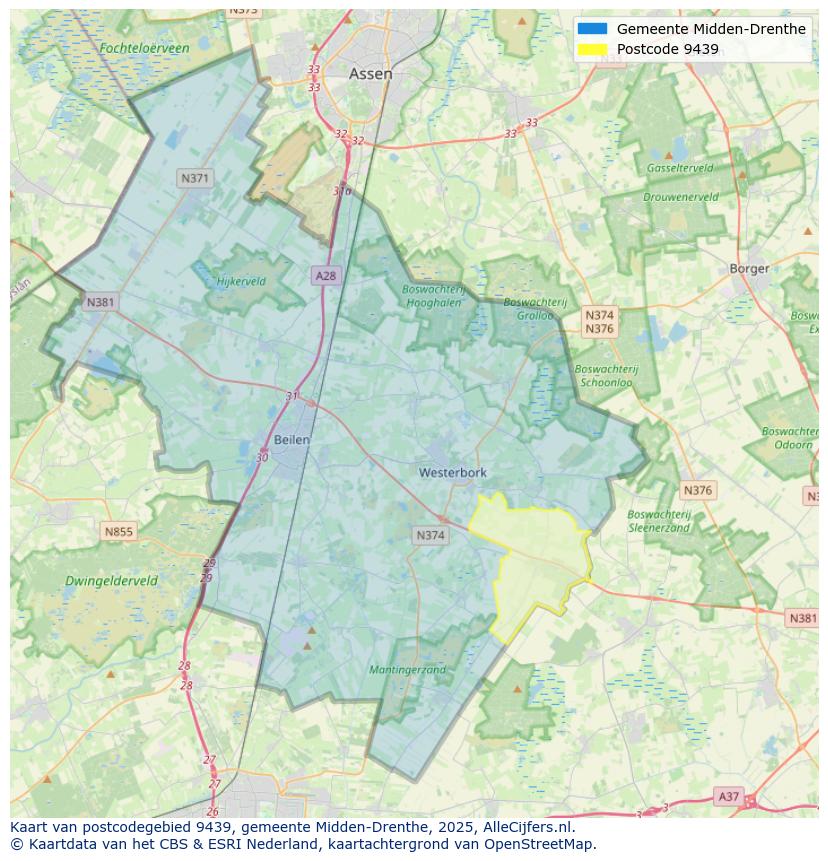 Afbeelding van het postcodegebied 9439 op de kaart.