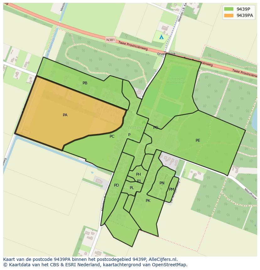 Afbeelding van het postcodegebied 9439 PA op de kaart.