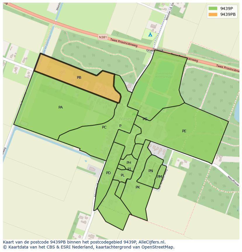 Afbeelding van het postcodegebied 9439 PB op de kaart.