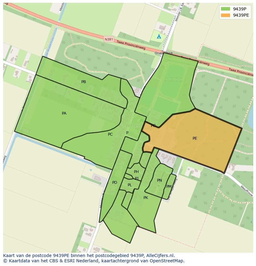 Afbeelding van het postcodegebied 9439 PE op de kaart.