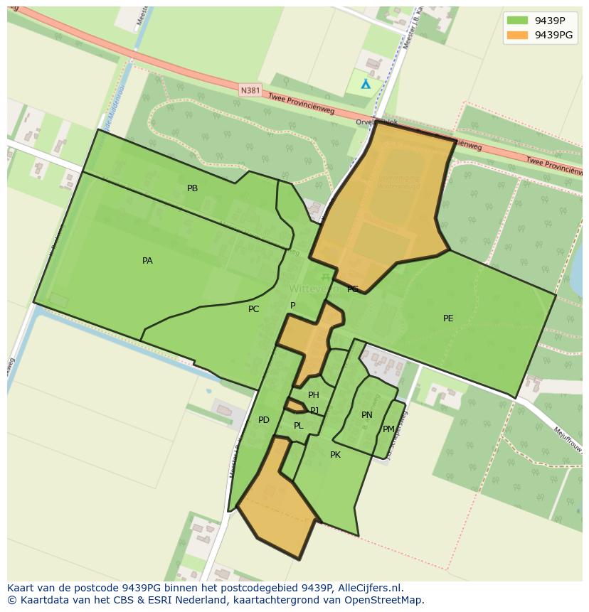 Afbeelding van het postcodegebied 9439 PG op de kaart.