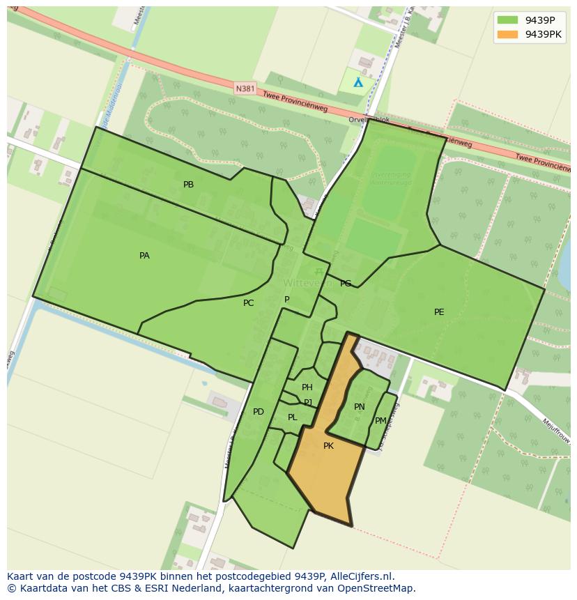 Afbeelding van het postcodegebied 9439 PK op de kaart.