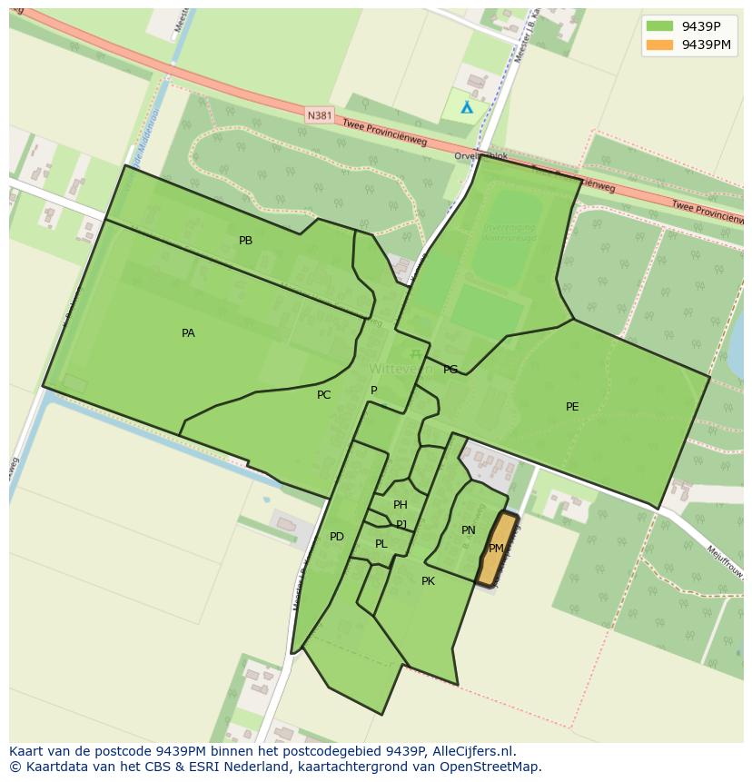 Afbeelding van het postcodegebied 9439 PM op de kaart.