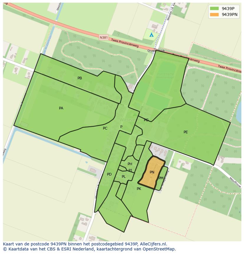 Afbeelding van het postcodegebied 9439 PN op de kaart.