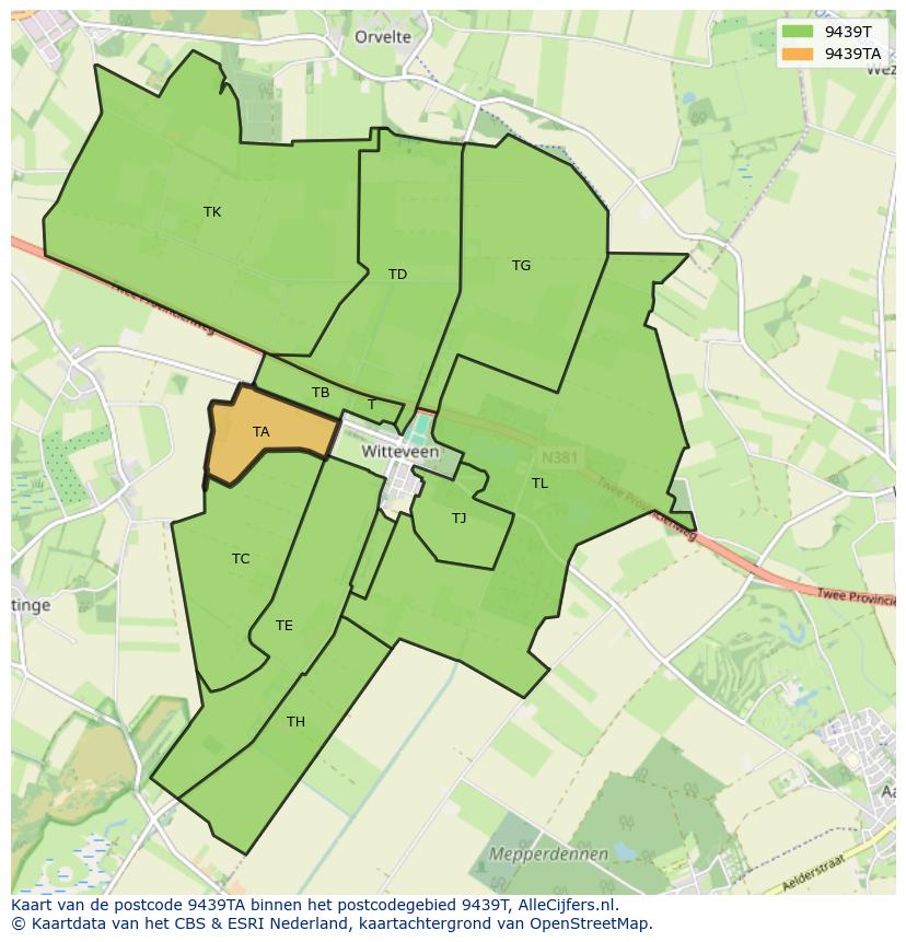 Afbeelding van het postcodegebied 9439 TA op de kaart.