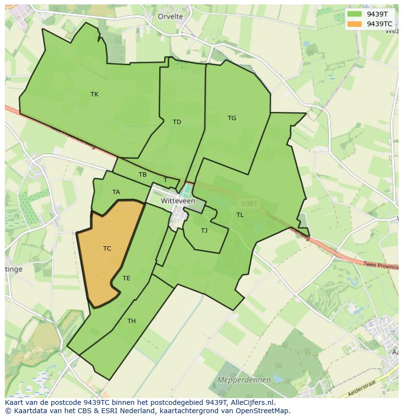 Afbeelding van het postcodegebied 9439 TC op de kaart.
