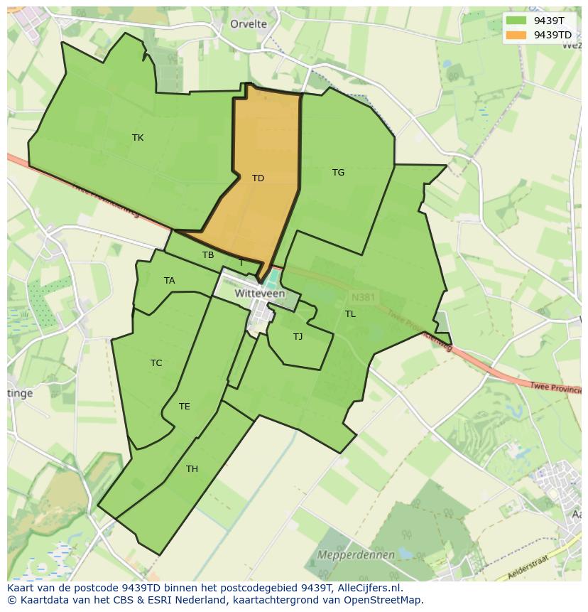 Afbeelding van het postcodegebied 9439 TD op de kaart.