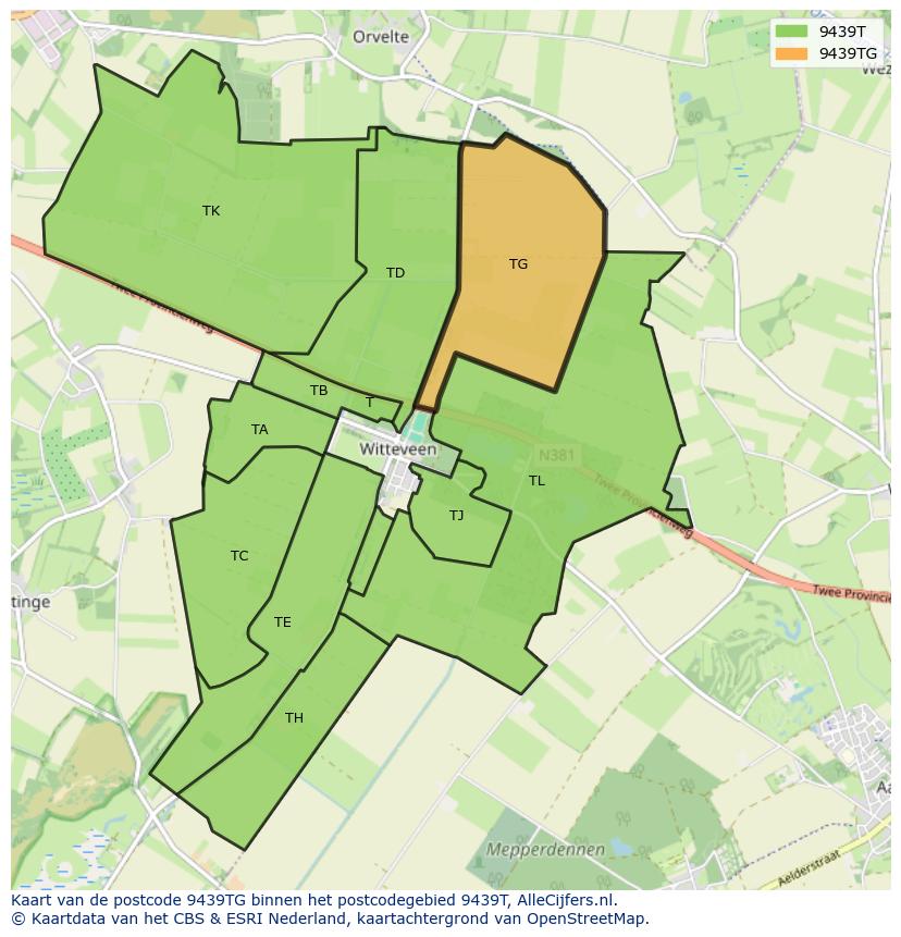 Afbeelding van het postcodegebied 9439 TG op de kaart.