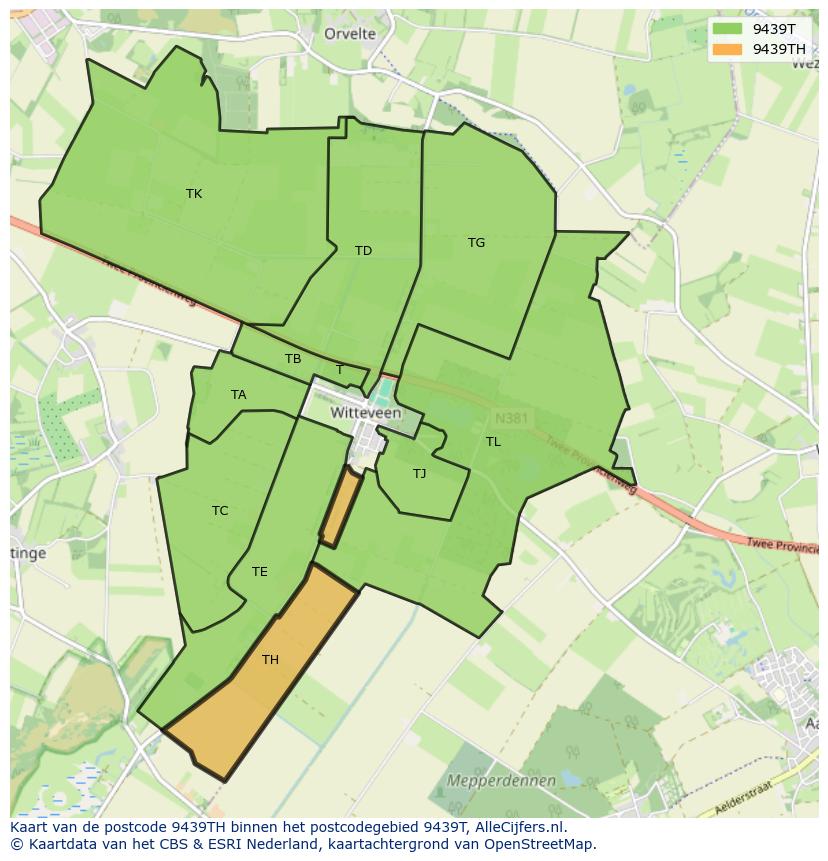 Afbeelding van het postcodegebied 9439 TH op de kaart.