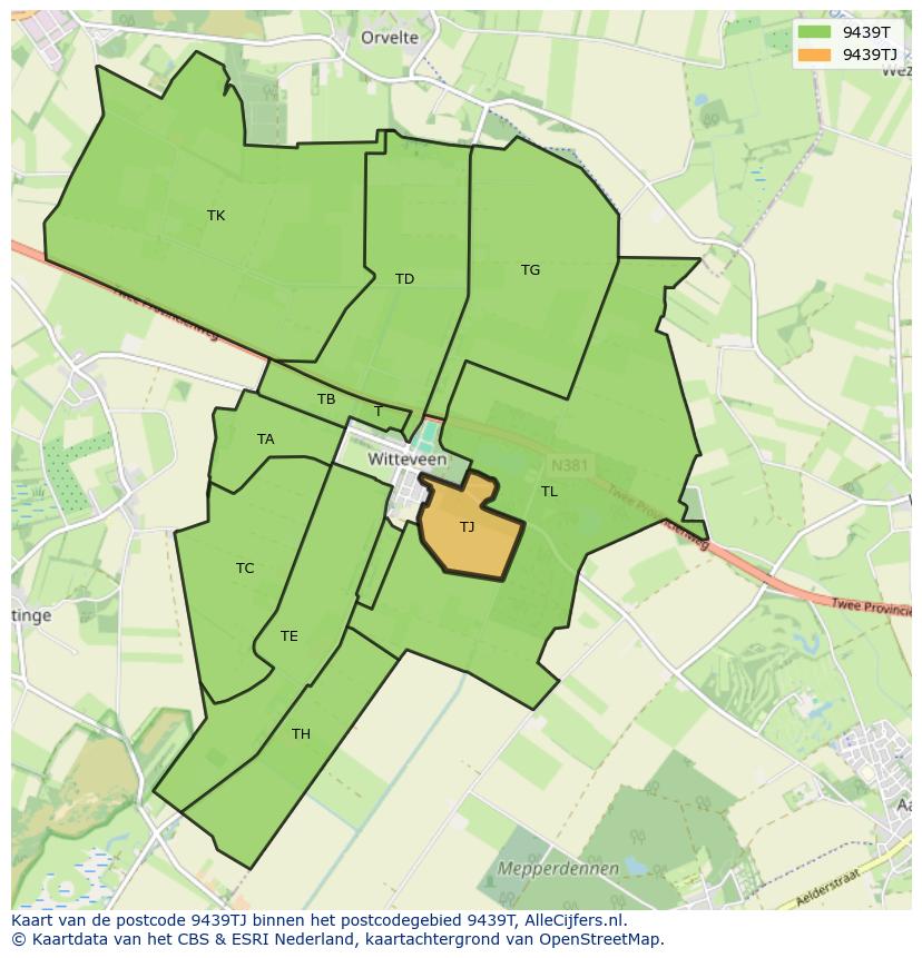 Afbeelding van het postcodegebied 9439 TJ op de kaart.