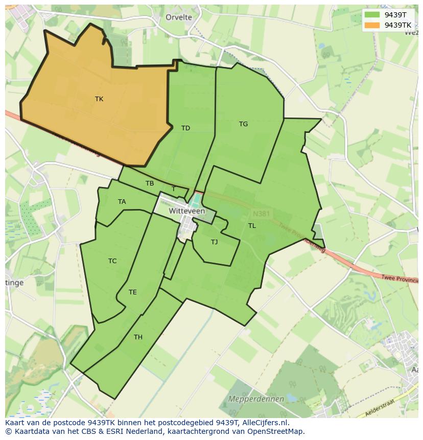 Afbeelding van het postcodegebied 9439 TK op de kaart.