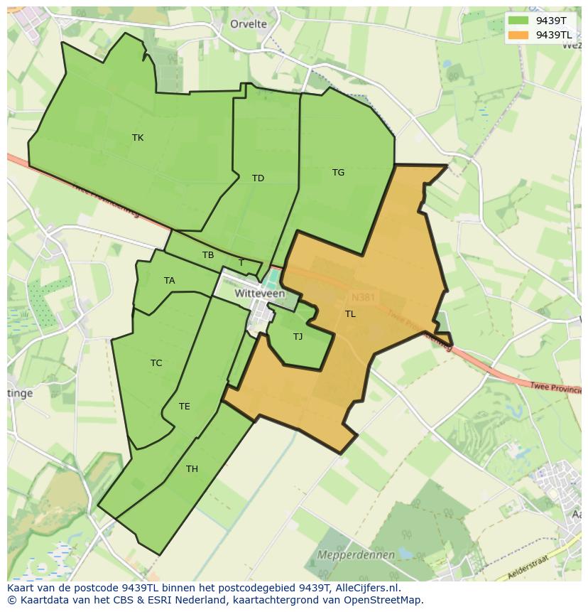 Afbeelding van het postcodegebied 9439 TL op de kaart.