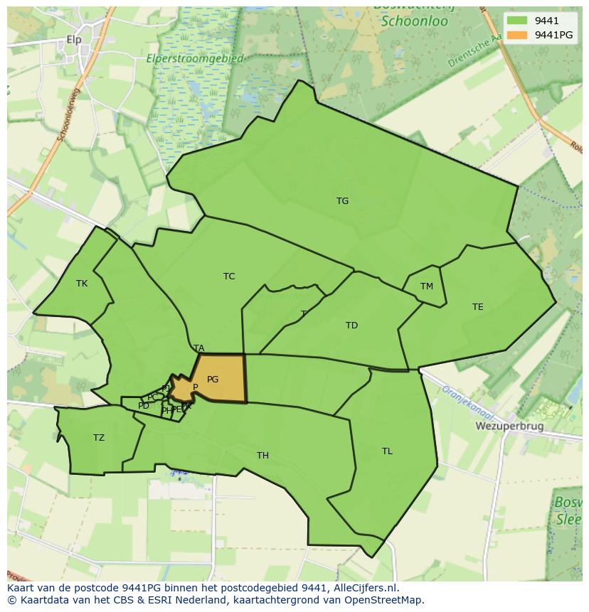 Afbeelding van het postcodegebied 9441 PG op de kaart.