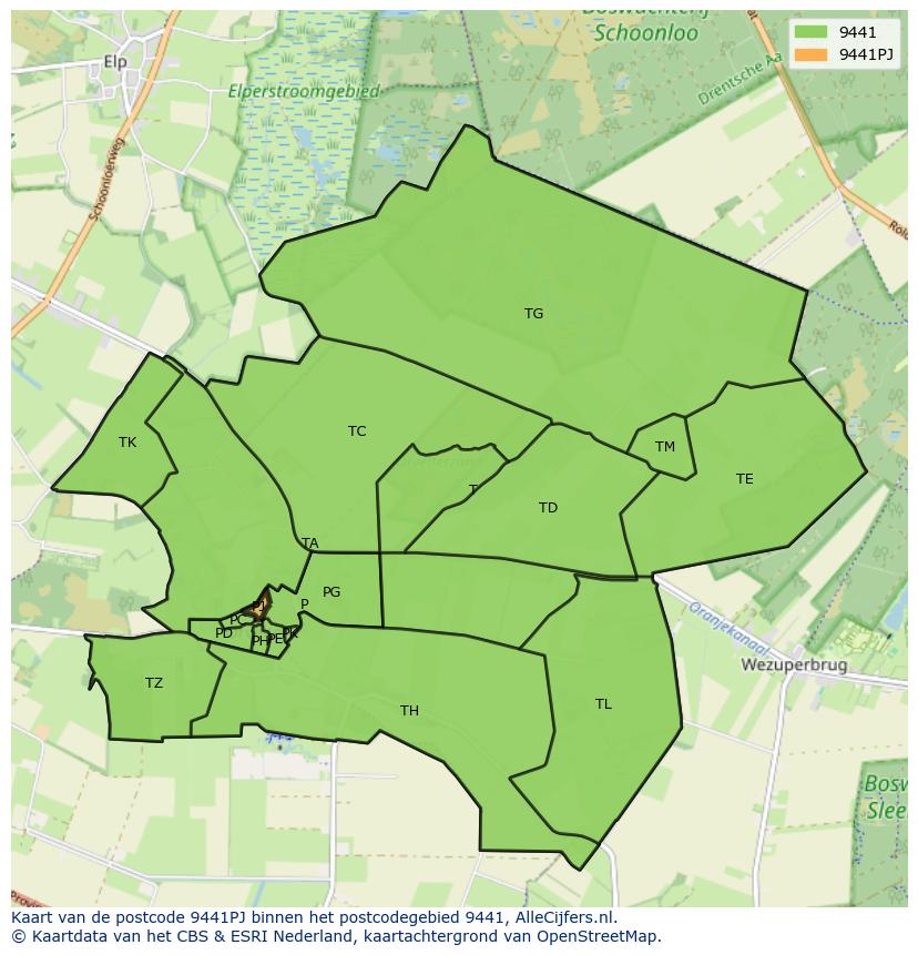 Afbeelding van het postcodegebied 9441 PJ op de kaart.