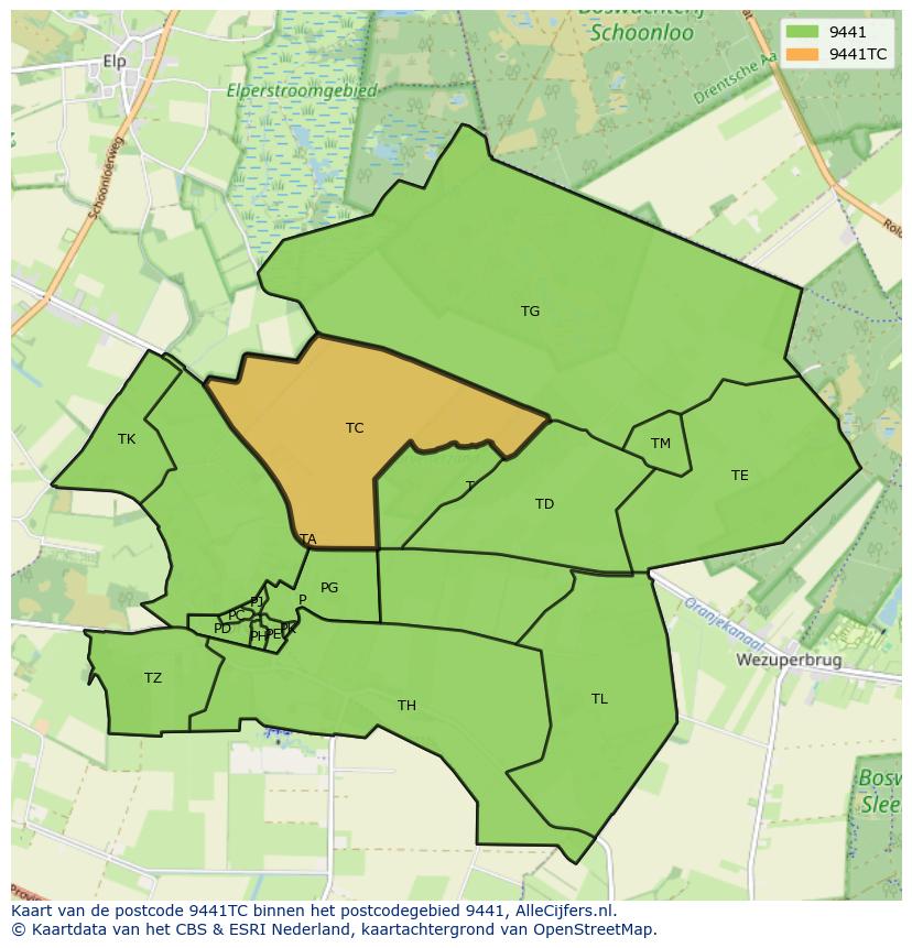 Afbeelding van het postcodegebied 9441 TC op de kaart.