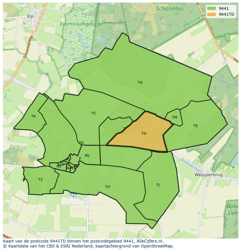 Afbeelding van het postcodegebied 9441 TD op de kaart.