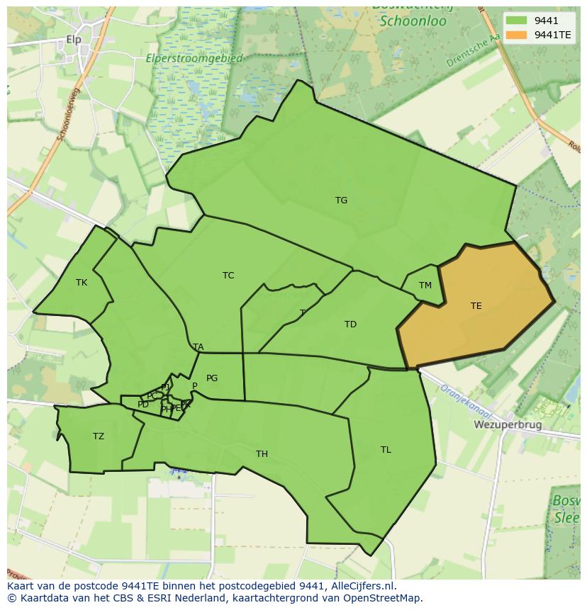 Afbeelding van het postcodegebied 9441 TE op de kaart.