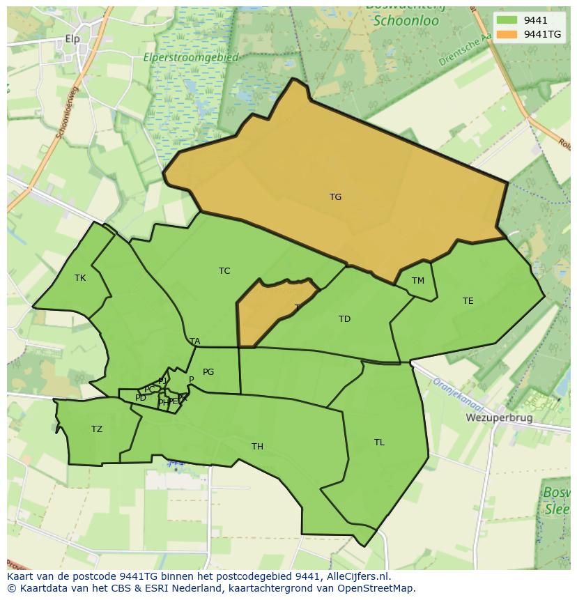 Afbeelding van het postcodegebied 9441 TG op de kaart.