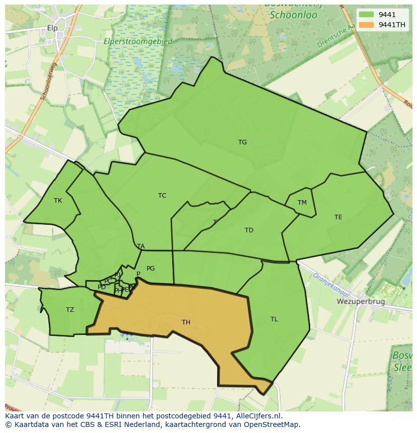 Afbeelding van het postcodegebied 9441 TH op de kaart.