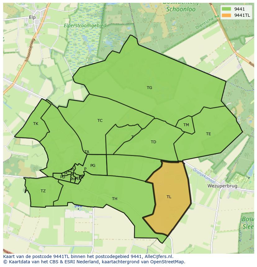 Afbeelding van het postcodegebied 9441 TL op de kaart.