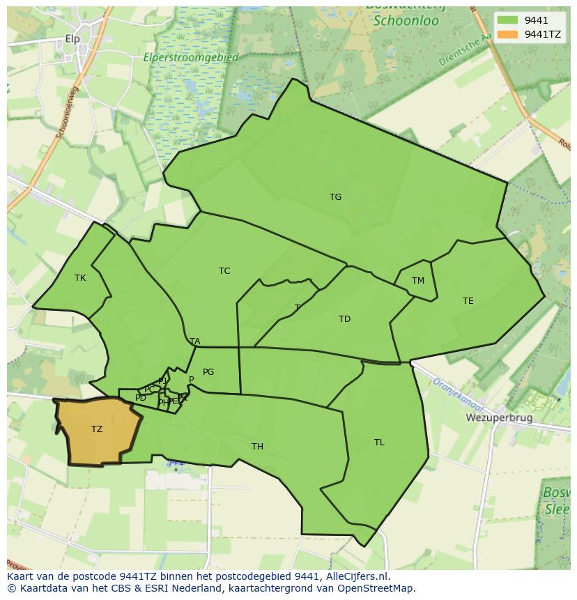 Afbeelding van het postcodegebied 9441 TZ op de kaart.