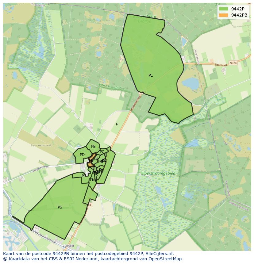 Afbeelding van het postcodegebied 9442 PB op de kaart.