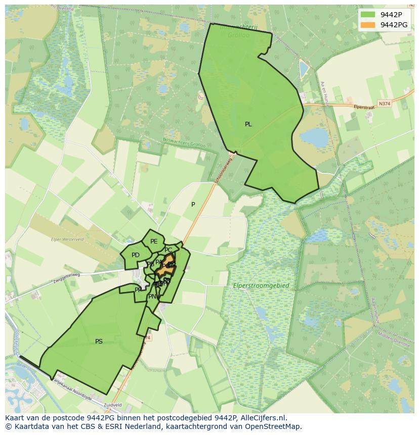 Afbeelding van het postcodegebied 9442 PG op de kaart.