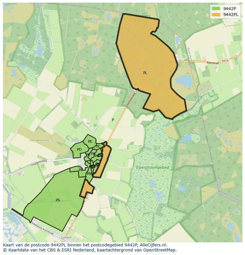 Afbeelding van het postcodegebied 9442 PL op de kaart.