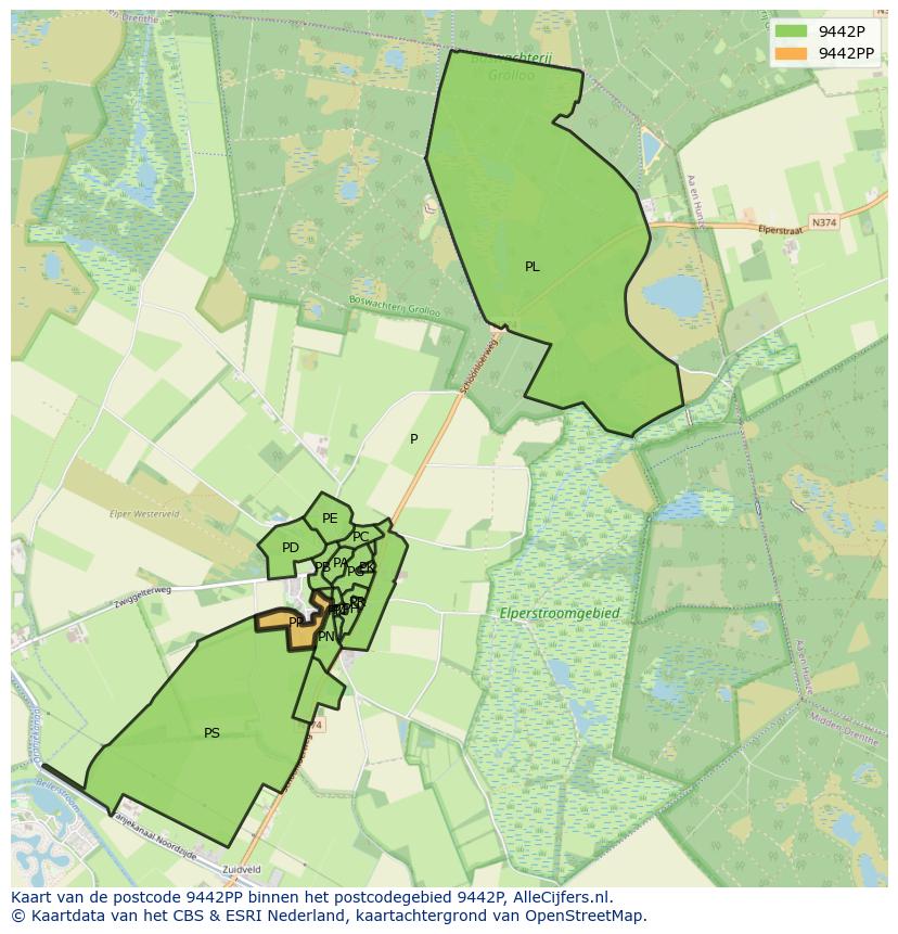 Afbeelding van het postcodegebied 9442 PP op de kaart.