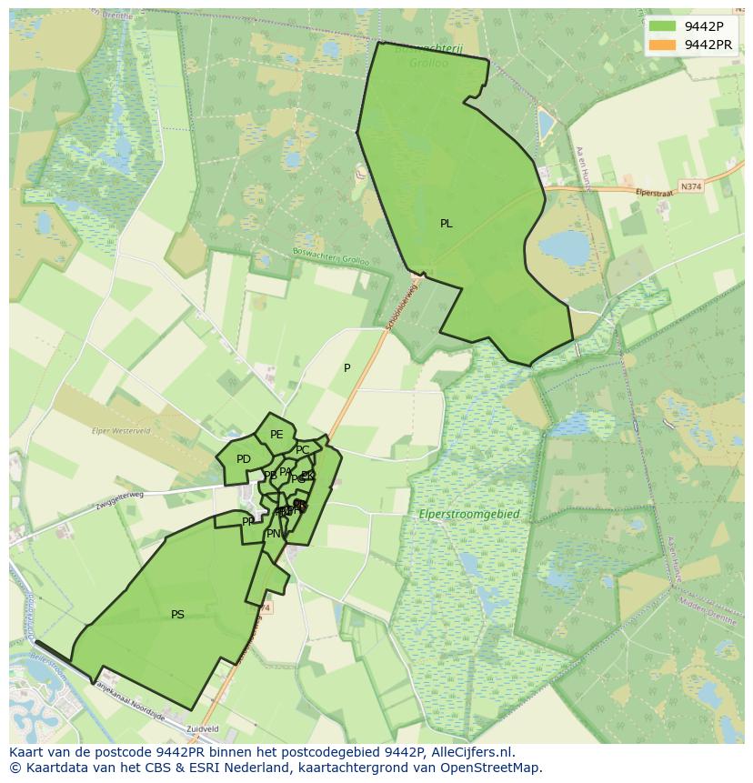 Afbeelding van het postcodegebied 9442 PR op de kaart.