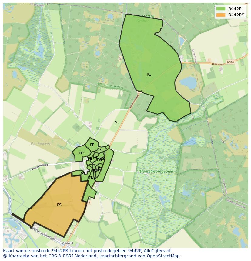 Afbeelding van het postcodegebied 9442 PS op de kaart.