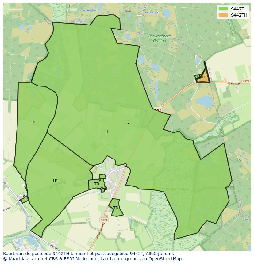 Afbeelding van het postcodegebied 9442 TH op de kaart.