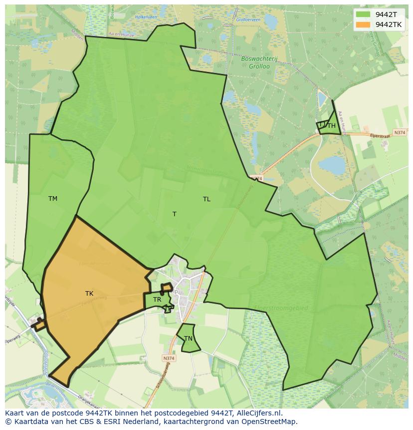 Afbeelding van het postcodegebied 9442 TK op de kaart.