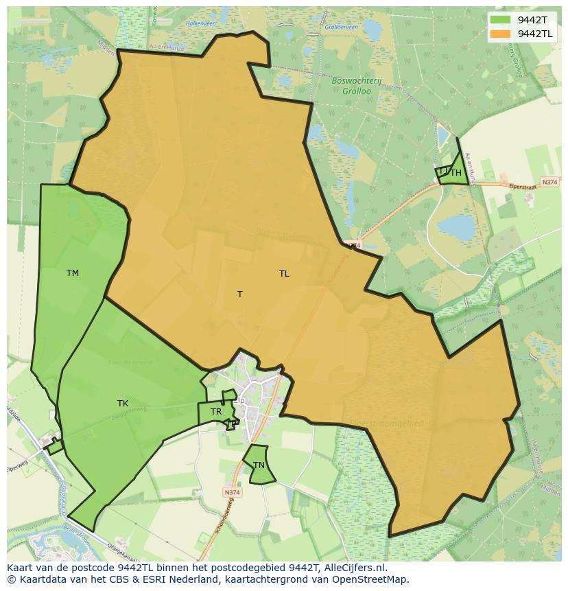 Afbeelding van het postcodegebied 9442 TL op de kaart.