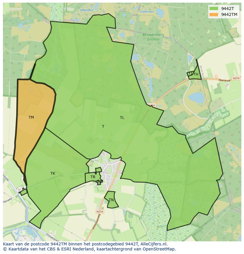 Afbeelding van het postcodegebied 9442 TM op de kaart.