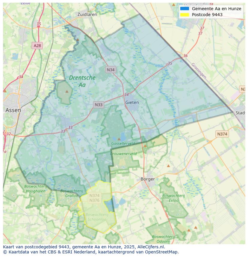 Afbeelding van het postcodegebied 9443 op de kaart.