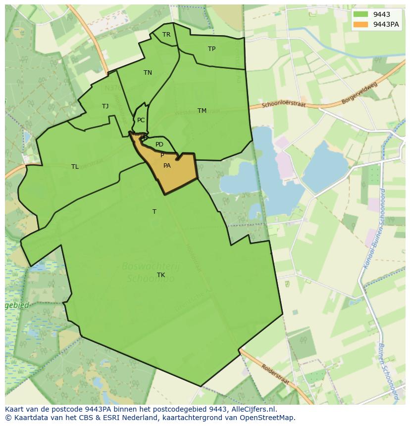 Afbeelding van het postcodegebied 9443 PA op de kaart.