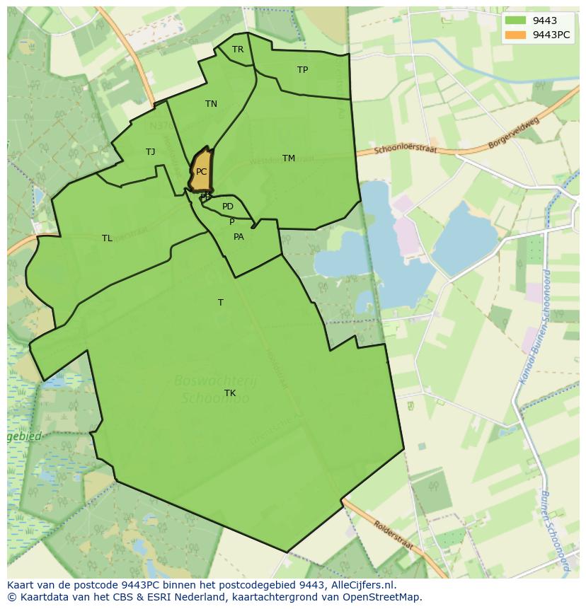Afbeelding van het postcodegebied 9443 PC op de kaart.