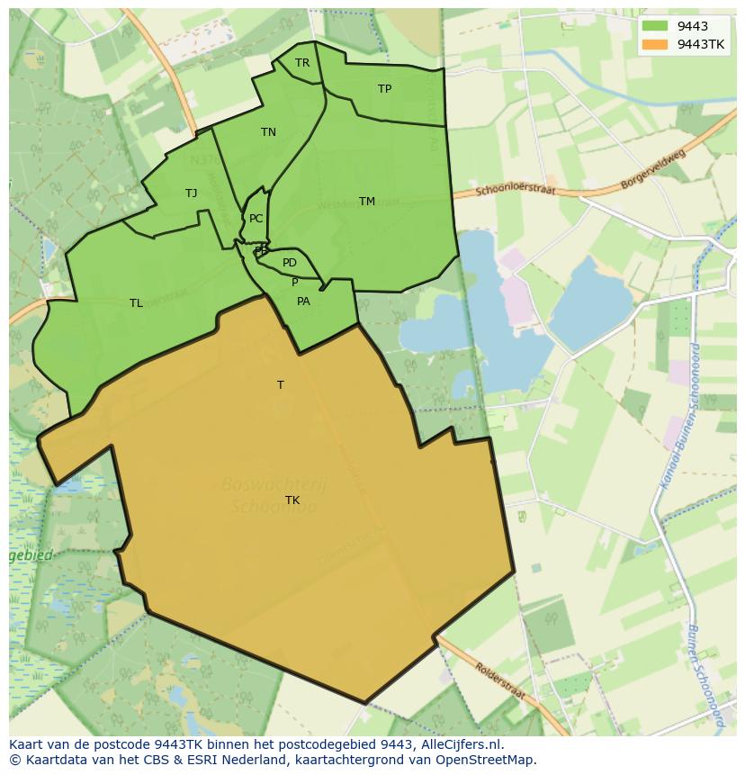 Afbeelding van het postcodegebied 9443 TK op de kaart.