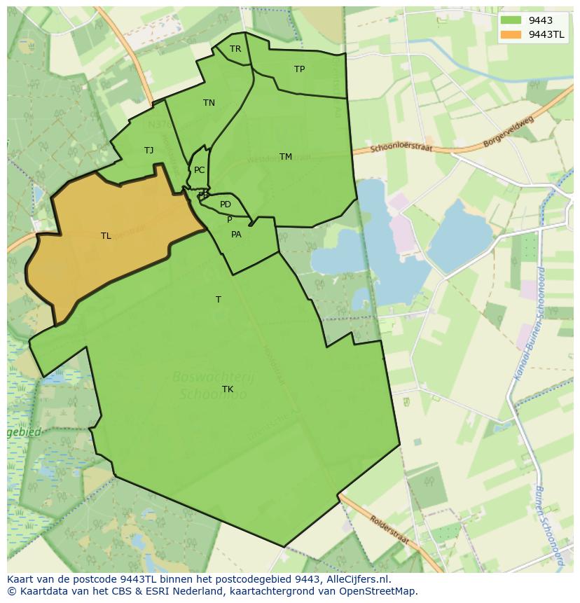 Afbeelding van het postcodegebied 9443 TL op de kaart.
