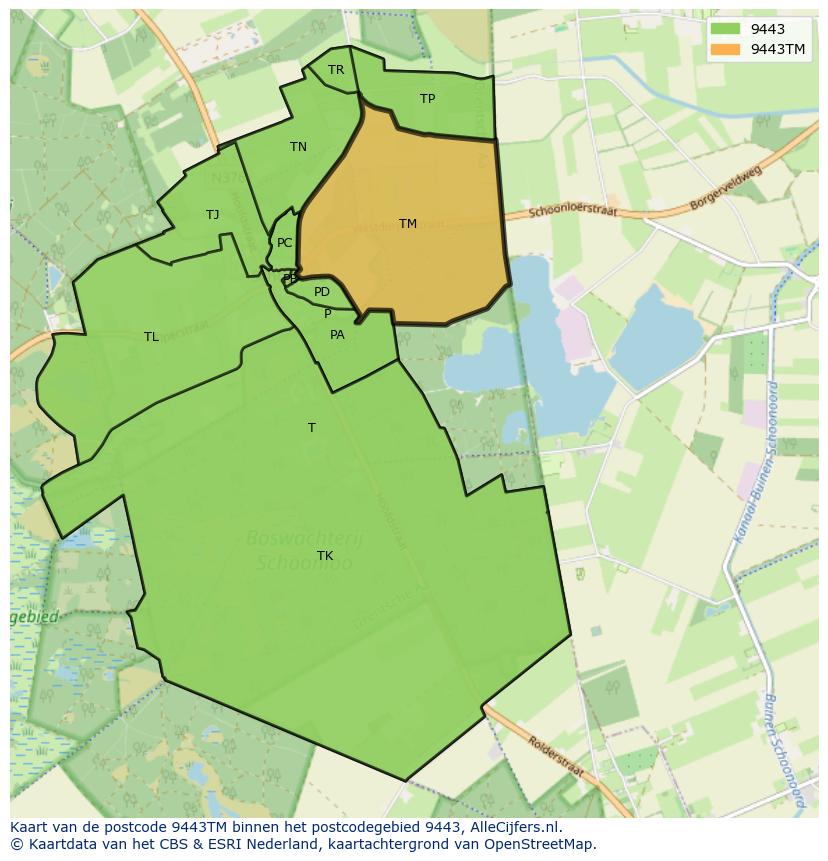 Afbeelding van het postcodegebied 9443 TM op de kaart.