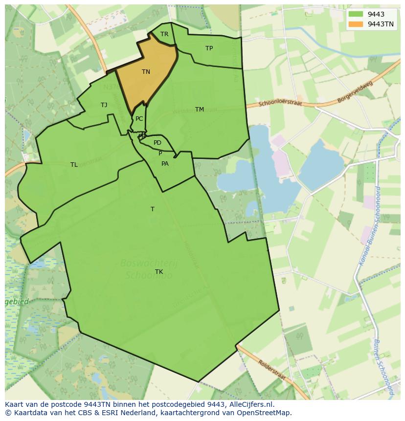 Afbeelding van het postcodegebied 9443 TN op de kaart.