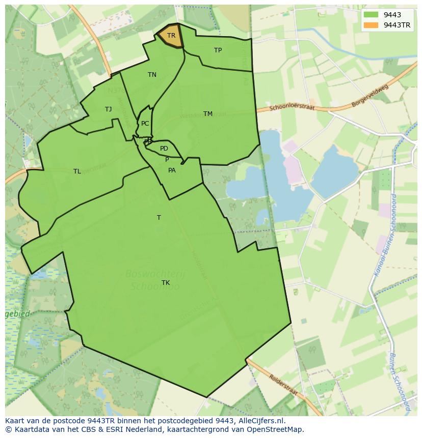 Afbeelding van het postcodegebied 9443 TR op de kaart.