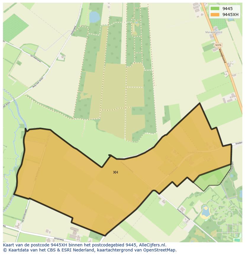 Afbeelding van het postcodegebied 9445 XH op de kaart.