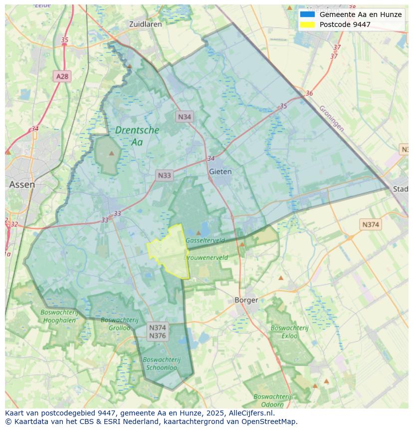 Afbeelding van het postcodegebied 9447 op de kaart.