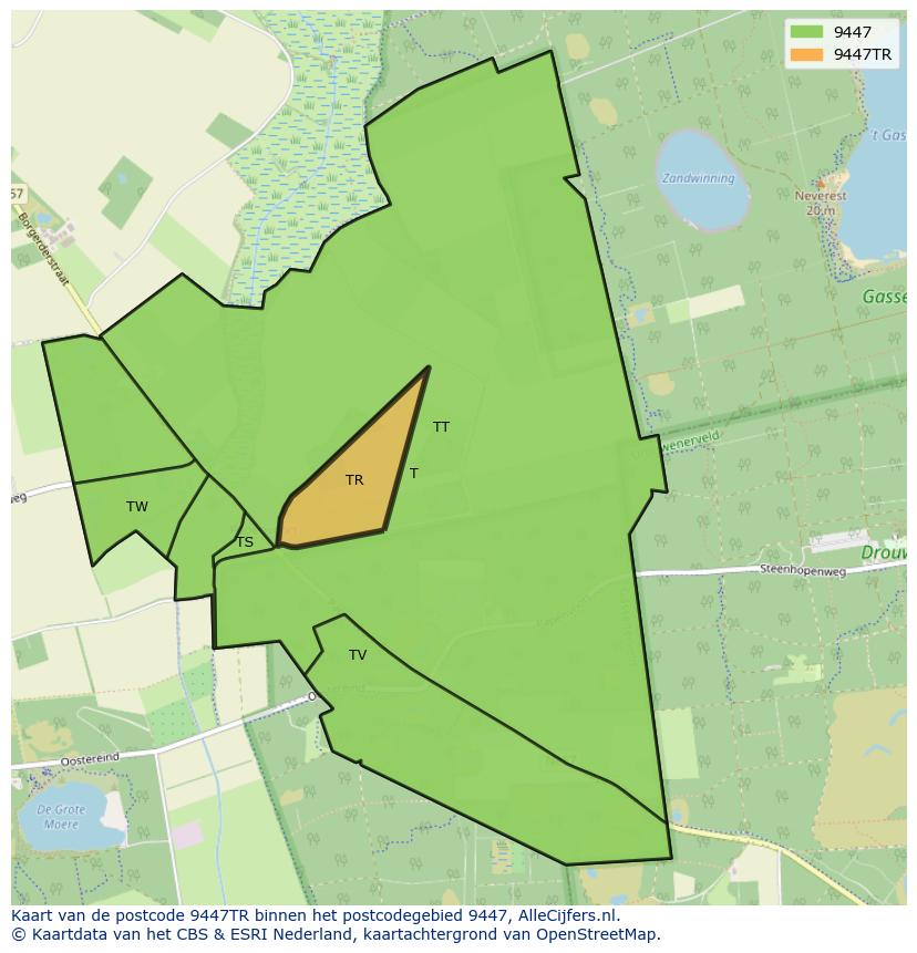 Afbeelding van het postcodegebied 9447 TR op de kaart.