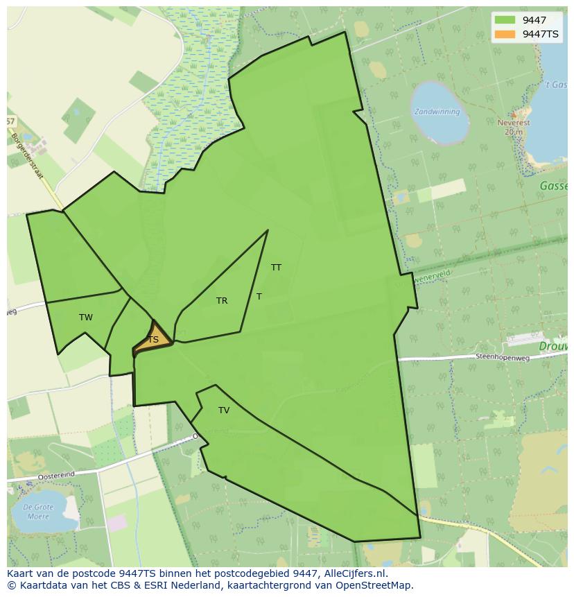 Afbeelding van het postcodegebied 9447 TS op de kaart.